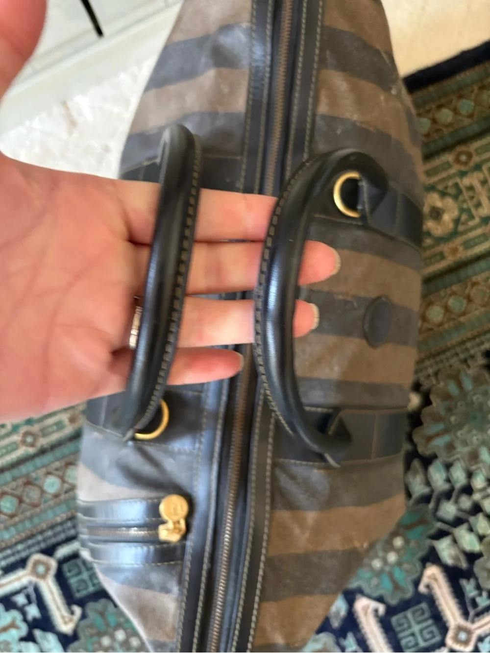 Fendi Striped Pequin Canvas /w Black Leather Duffel Bag